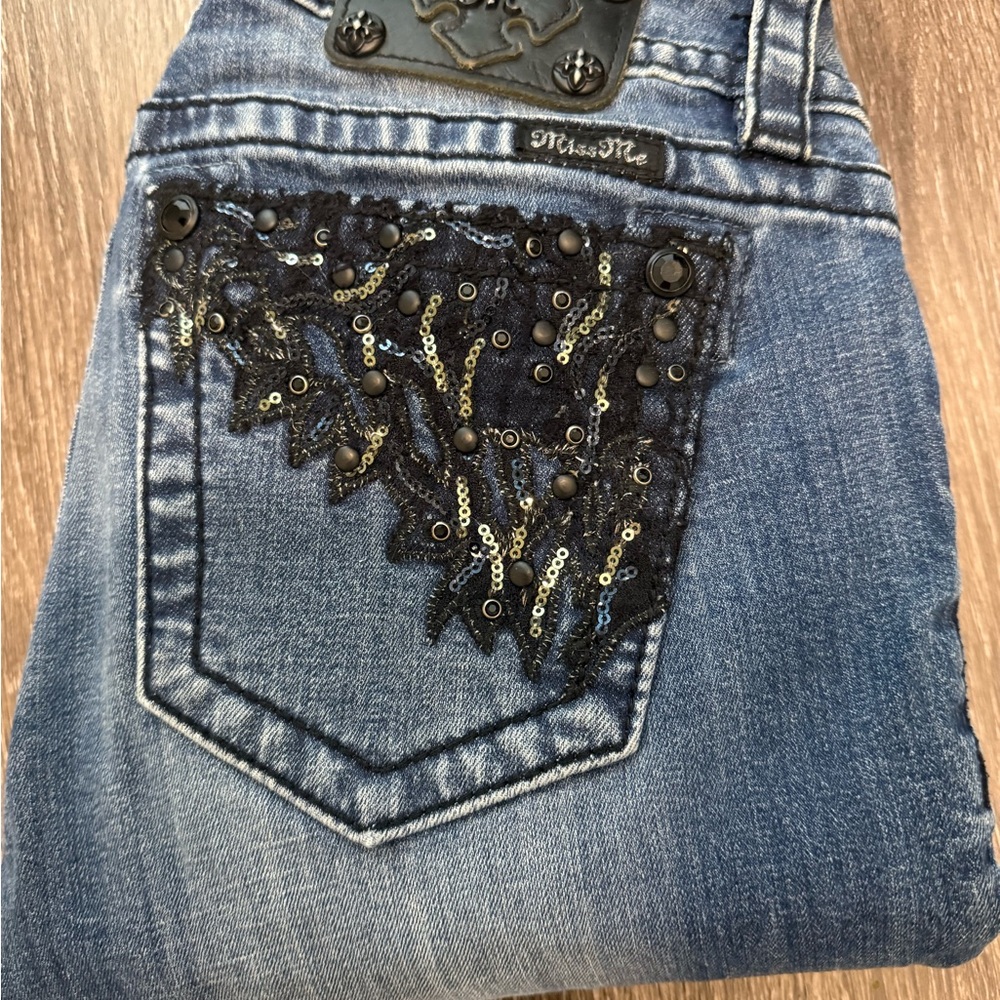 Miss Me Straight Leg Jeans with Black Lace and Sequin Detail
